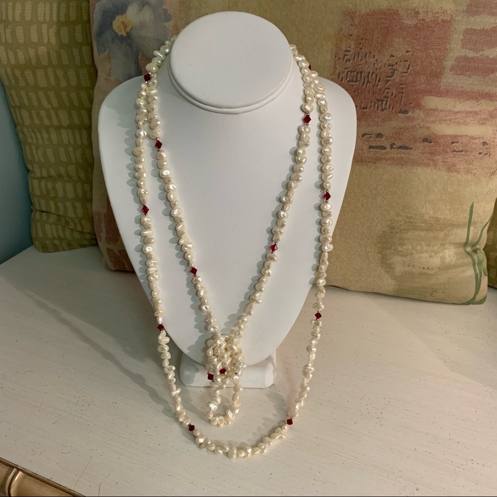 Freshwater Pearls & Red Swarovski Crystal Necklace - Picture 2 of 6
